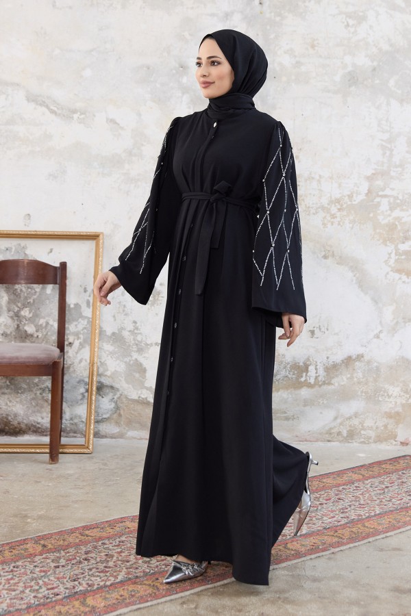 Kolları Taş İşlemeli Abaya - Siyah
