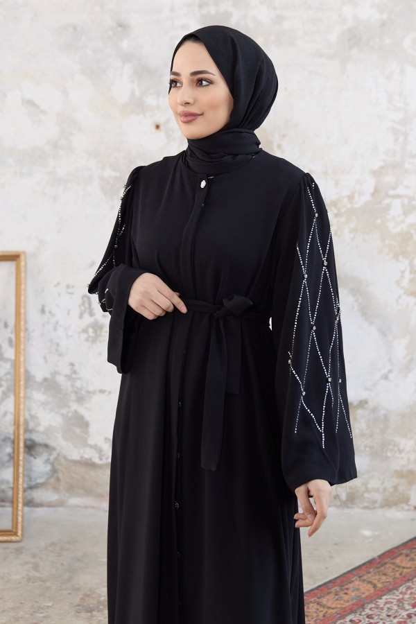 Kolları Taş İşlemeli Abaya - Siyah
