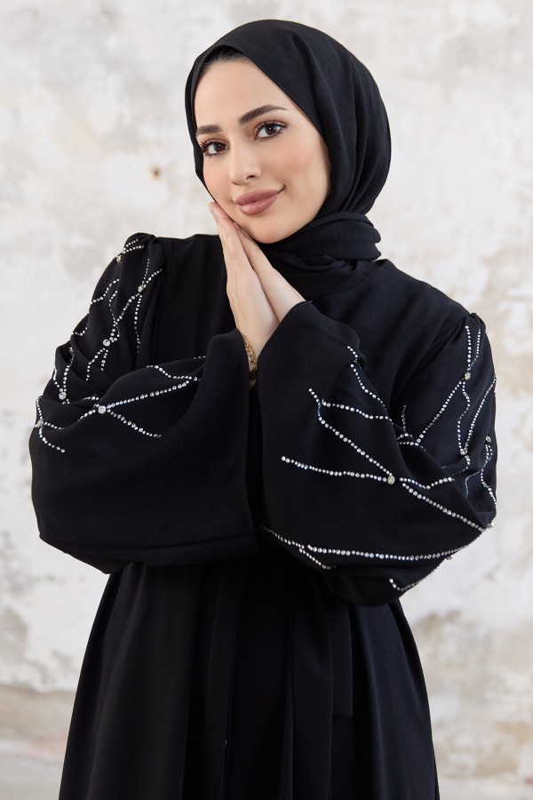 Kolları Taş İşlemeli Abaya - Siyah
