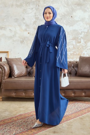 Kolları Taş İşlemeli Abaya - İndigo