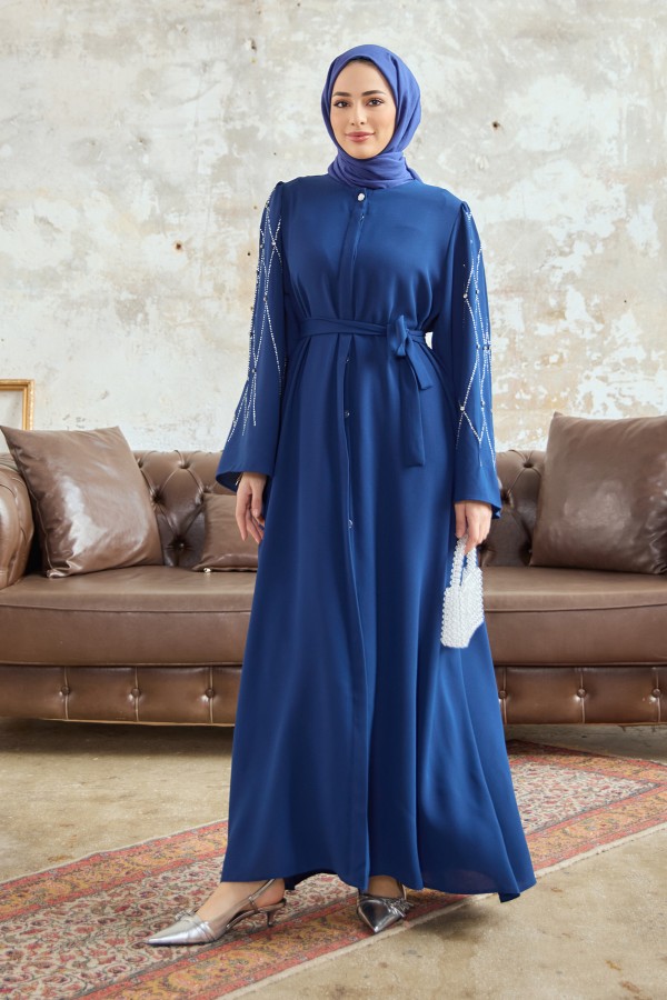 Kolları Taş İşlemeli Abaya - İndigo