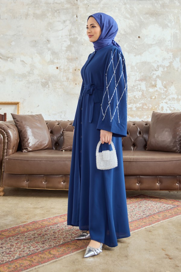Kolları Taş İşlemeli Abaya - İndigo