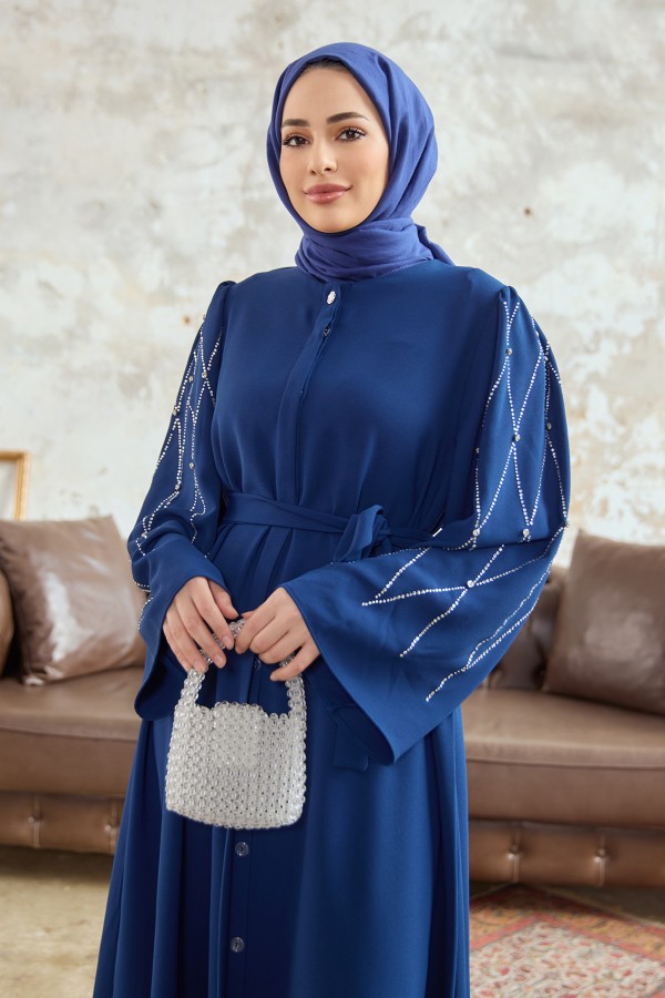 Kolları Taş İşlemeli Abaya - İndigo