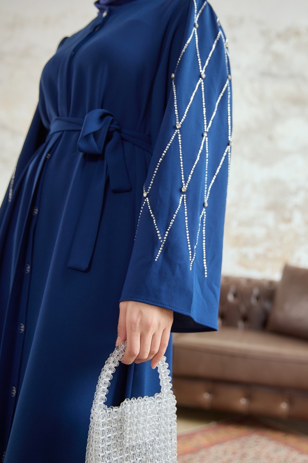Kolları Taş İşlemeli Abaya - İndigo