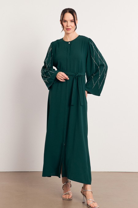 Abaya with Stone Embroidered Sleeves - Emerald