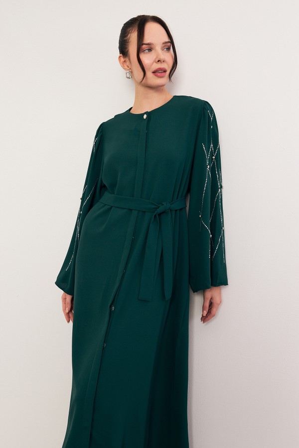 Abaya with Stone Embroidered Sleeves - Emerald