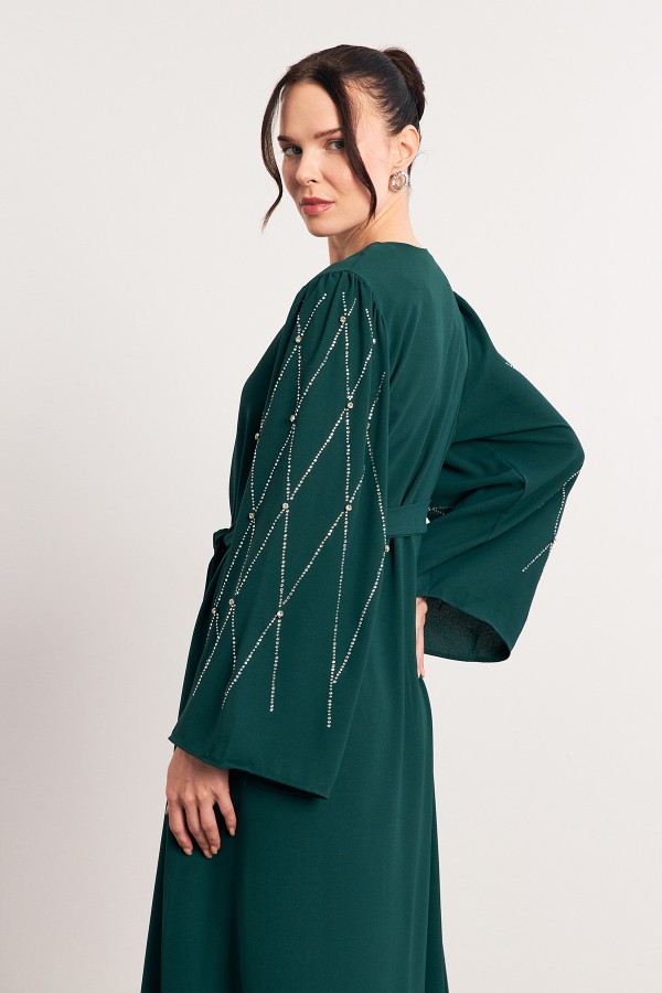 Abaya with Stone Embroidered Sleeves - Emerald