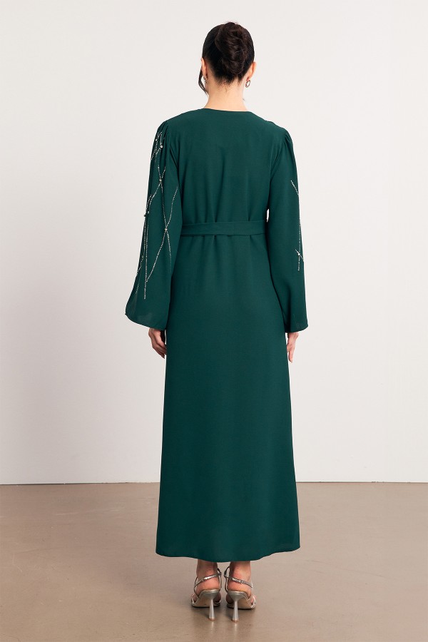 Abaya with Stone Embroidered Sleeves - Emerald