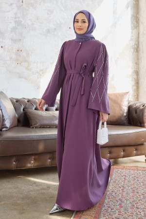 Abaya with Stone Embroidered Sleeves - Lilac