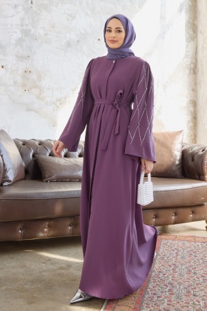 Kolları Taş İşlemeli Abaya - Leylak