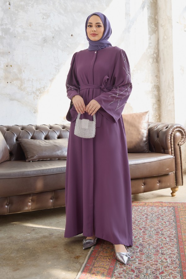 Abaya with Stone Embroidered Sleeves - Lilac