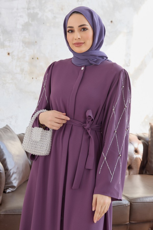 Abaya with Stone Embroidered Sleeves - Lilac