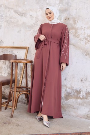 Abaya with Stone Embroidered Sleeves - Dusty Rose