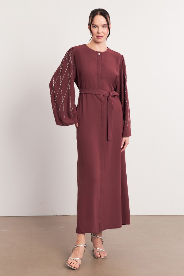 Abaya with Stone Embroidered Sleeves - Dusty Rose