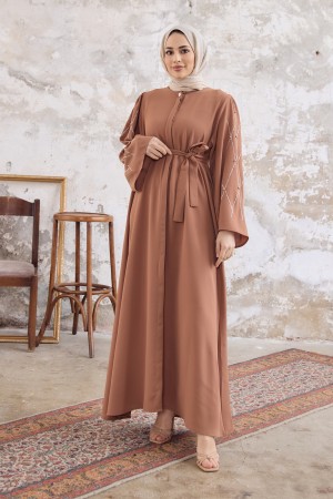 Abaya with Stone Embroidered Sleeves - Camel