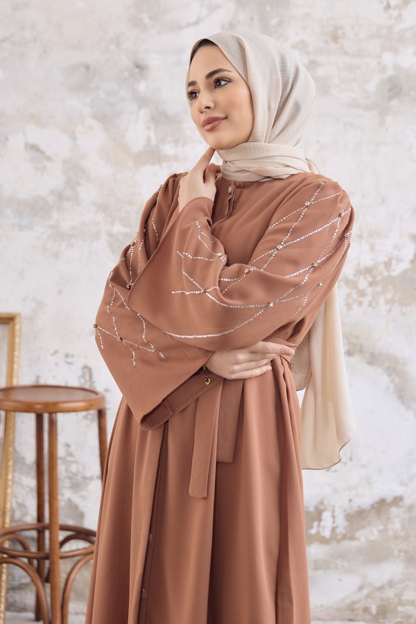 Abaya with Stone Embroidered Sleeves - Camel