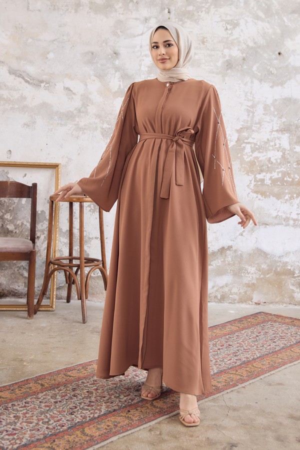 Abaya with Stone Embroidered Sleeves - Camel