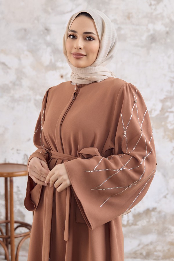 Abaya with Stone Embroidered Sleeves - Camel