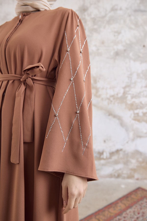 Abaya with Stone Embroidered Sleeves - Camel