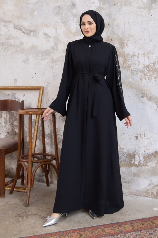 Rona Sleeves Patterned Abaya - Black Rona Sleeves Patterned Abaya - Black