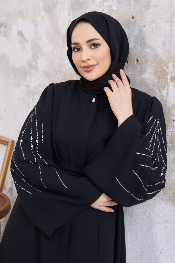 Rona Sleeves Patterned Abaya - Black Rona Sleeves Patterned Abaya - Black