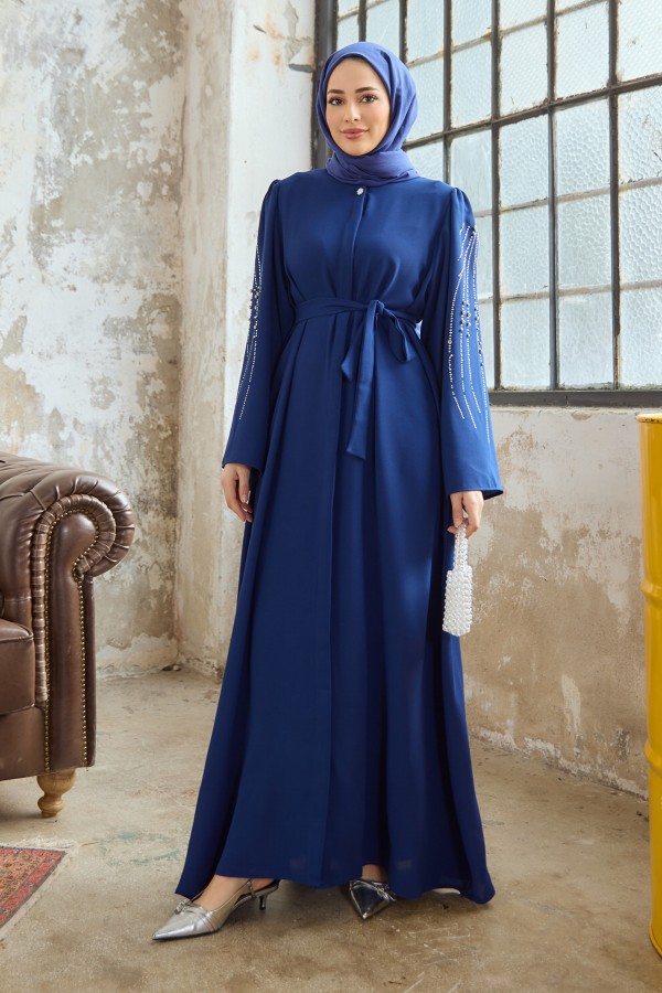 Rona Sleeves Patterned Abaya - Indigo