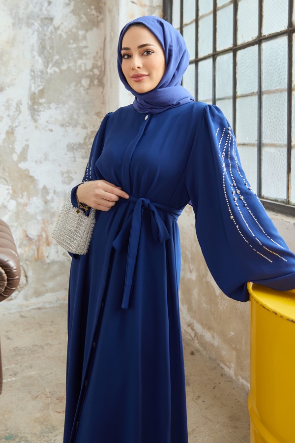 Rona Sleeves Patterned Abaya - Indigo
