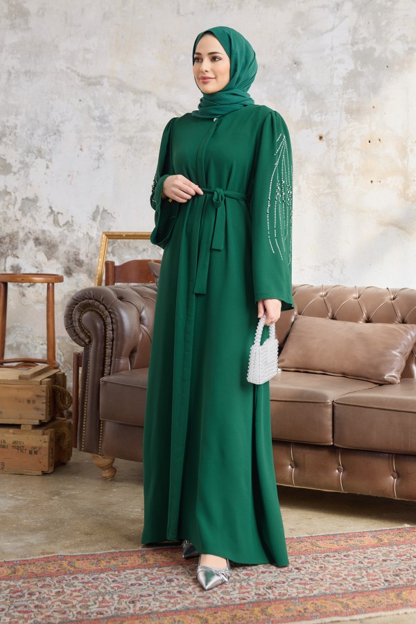 Rona Kolları Desenli Abaya - Zümrüt