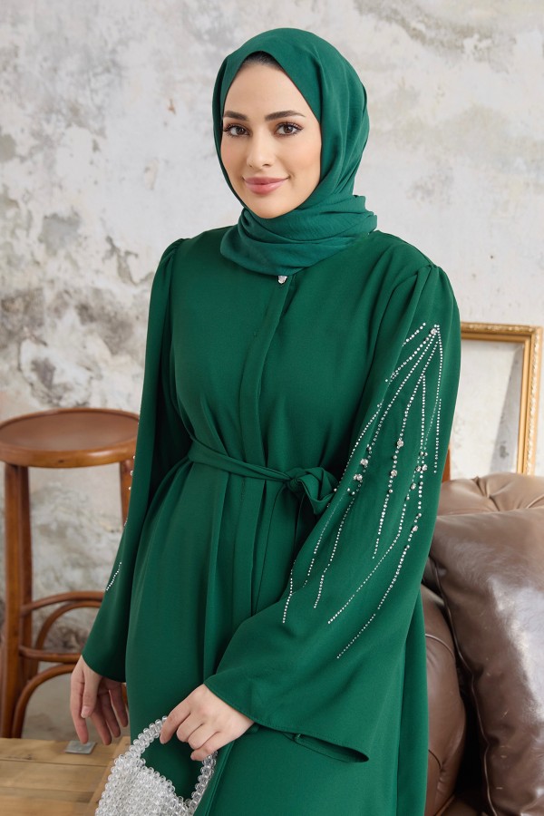 Rona Kolları Desenli Abaya - Zümrüt