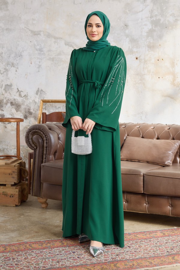 Rona Kolları Desenli Abaya - Zümrüt