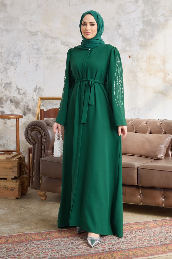 Rona Kolları Desenli Abaya - Zümrüt