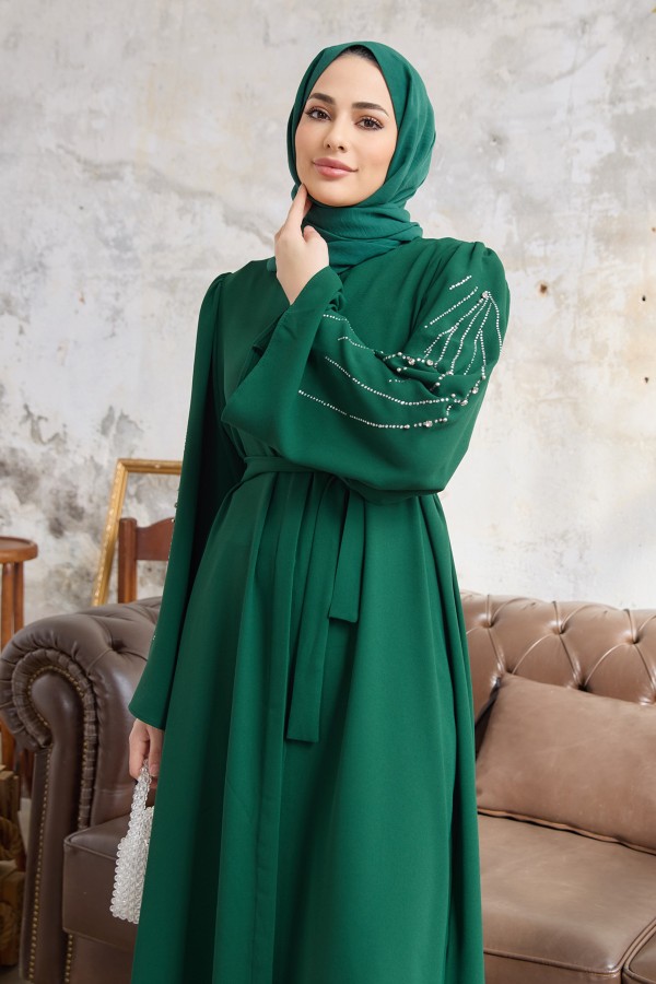 Rona Kolları Desenli Abaya - Zümrüt