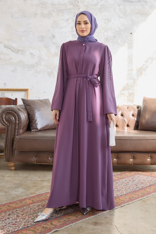 Rona Sleeves Patterned Abaya - Lilac