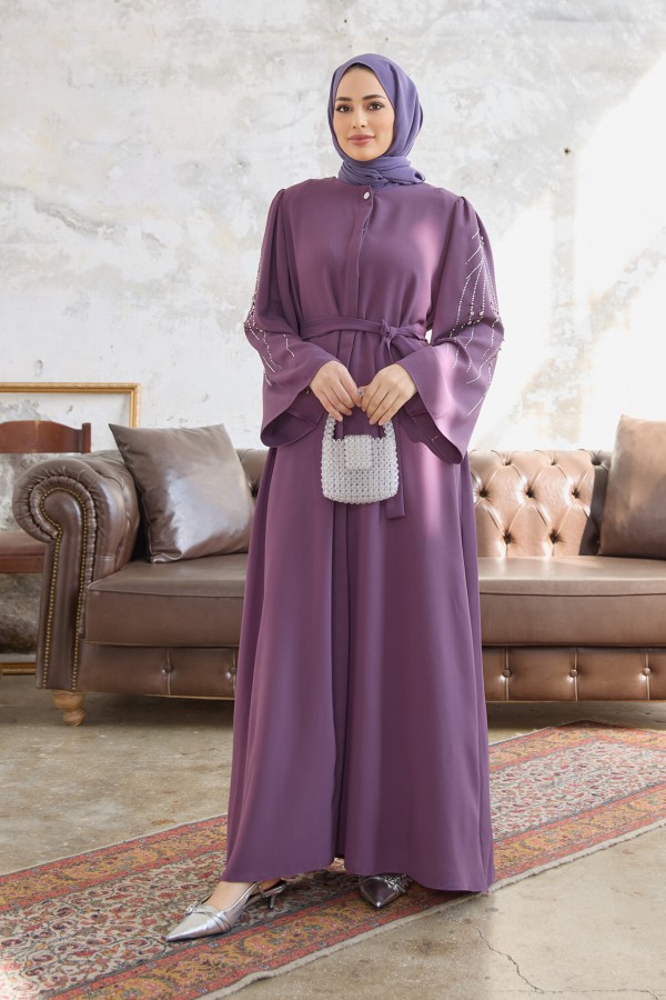 Rona Kolları Desenli Abaya - Leylak