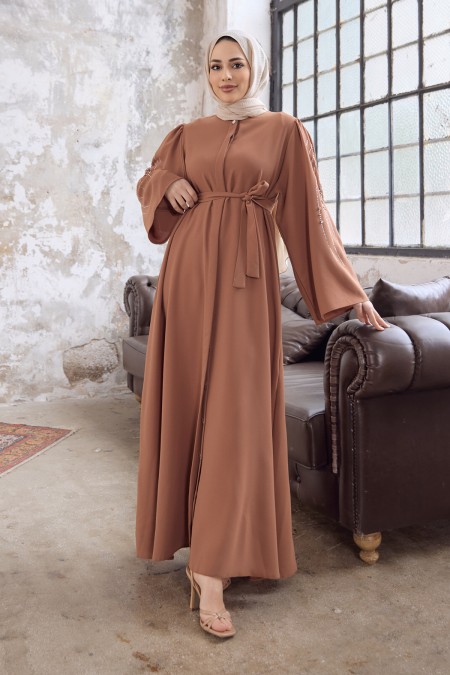 Rona Sleeves Patterned Abaya - Camel