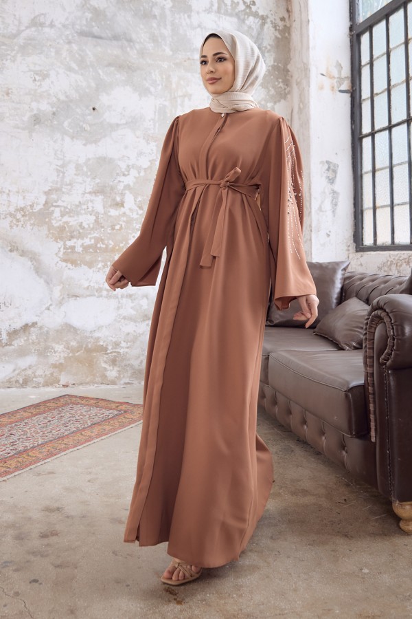 Rona Sleeves Patterned Abaya - Camel