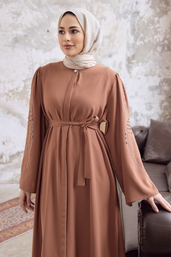 Rona Kolları Desenli Abaya - Camel