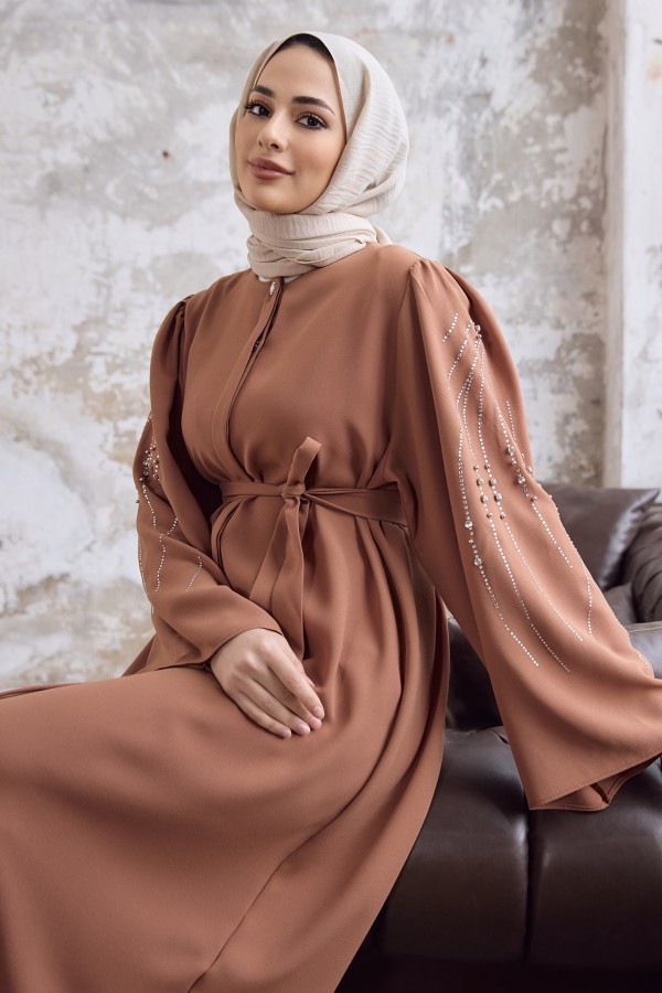 Rona Kolları Desenli Abaya - Camel