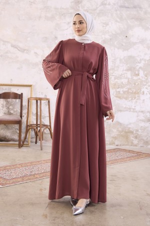 Rona Kolları Desenli Abaya - Gül Kurusu