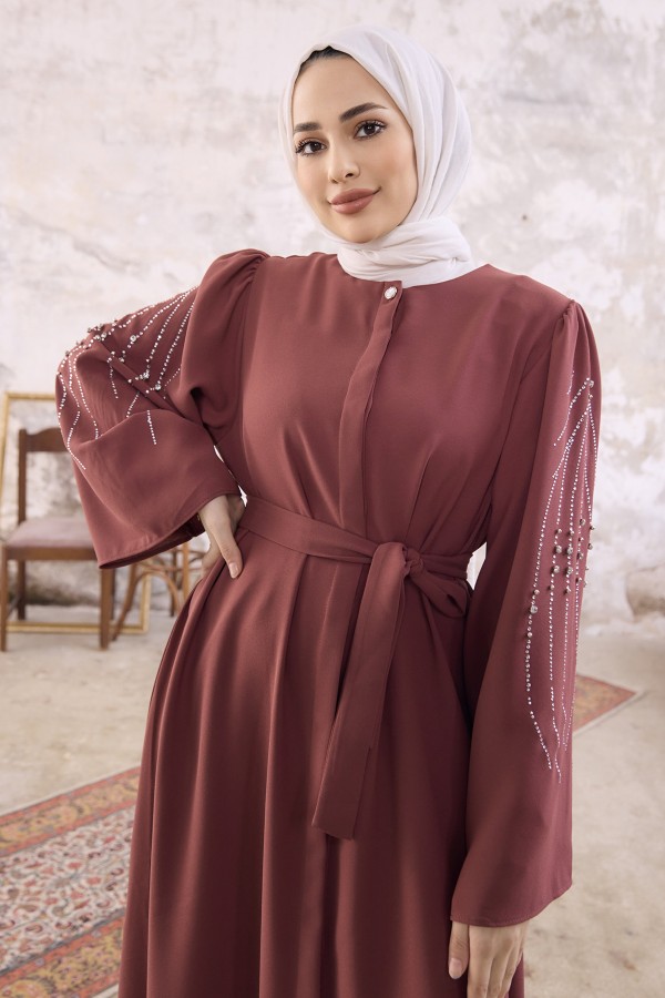 Rona Kolları Desenli Abaya - Gül Kurusu