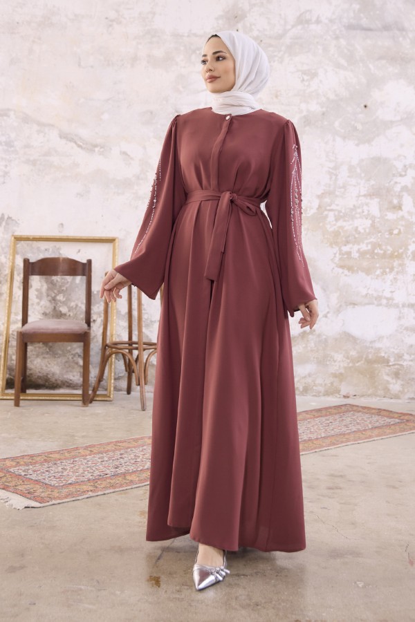 Rona Kolları Desenli Abaya - Gül Kurusu