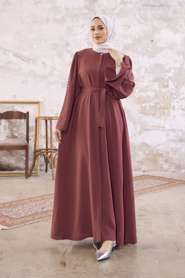 Rona Kolları Desenli Abaya - Gül Kurusu