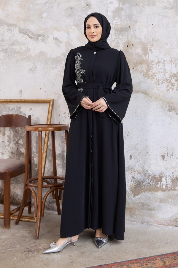 Lora Taşlı Abaya - Siyah
