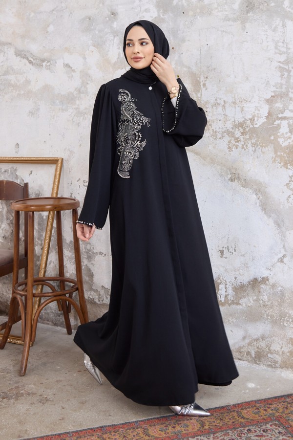 Lora Taşlı Abaya - Siyah