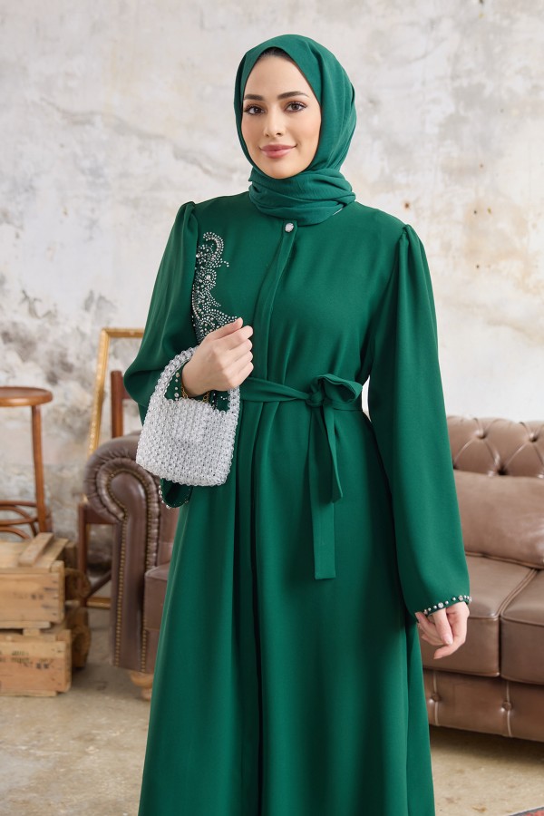 Lora Taşlı Abaya - Zümrüt