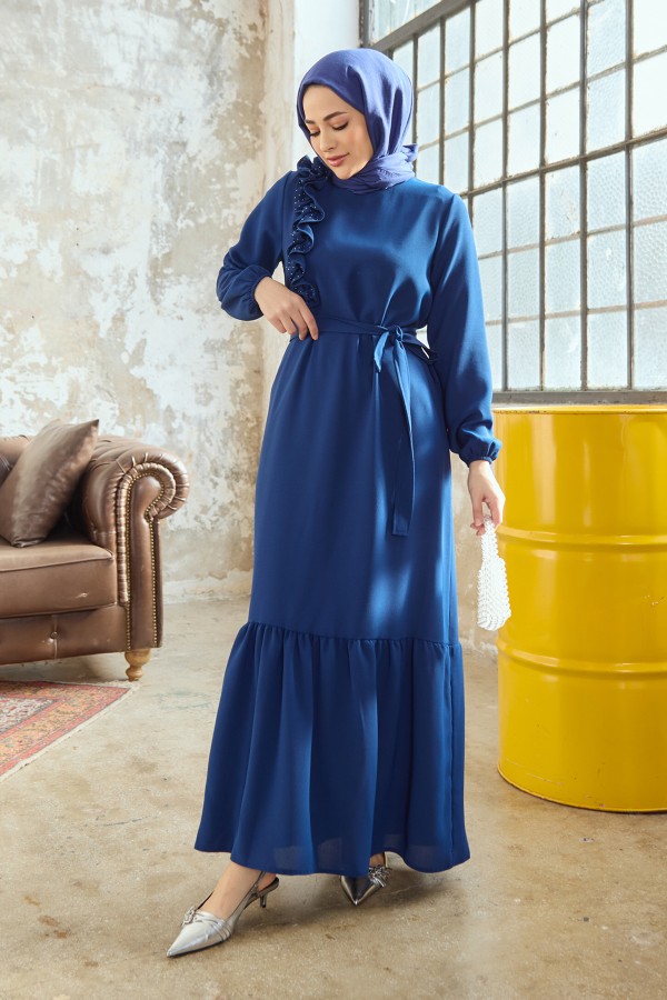 Shoulder Ruffle Dress - Indigo