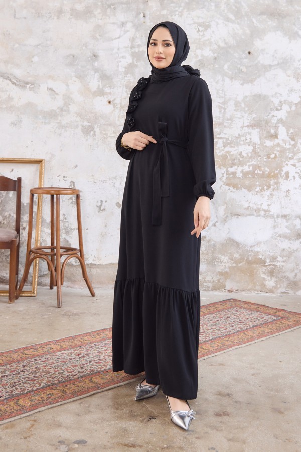 Omuz Fırfırlı Elbise - Siyah