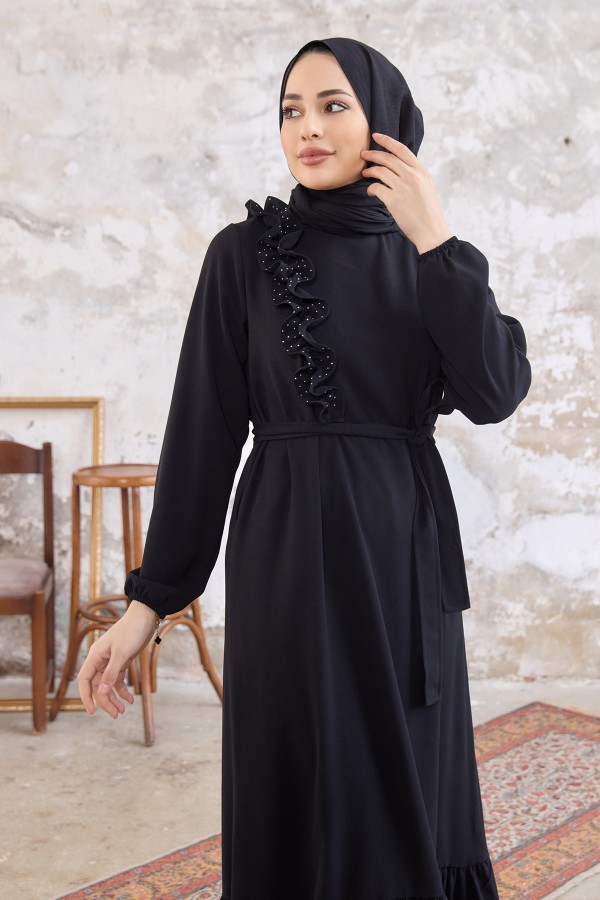 Omuz Fırfırlı Elbise - Siyah