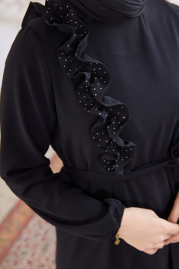 Omuz Fırfırlı Elbise - Siyah