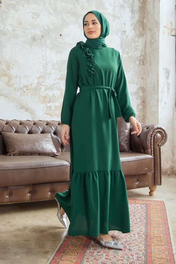 Shoulder Ruffle Dress - Emerald